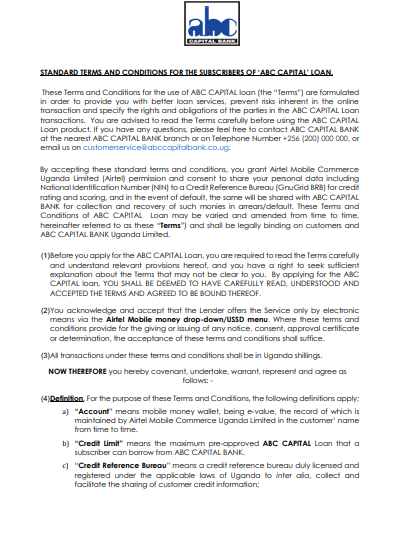 Standard Terms and Conditions for the Subscribers of ‘ABC CAPITAL’ Loan